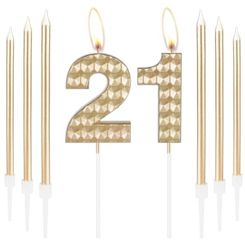 Champagne Gold 21st Birthday Decorations - Number 21 Candles for Girls & Boys, Happy Birthday Cake Topper