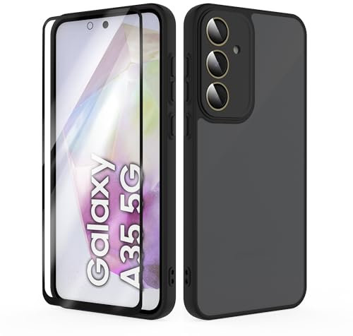 SMYTU Cover per Samsung Galaxy A35 5G 6,6 Pollici con Vetro Temperato,Custodia Opaca Hard PC Glassata Traslucida Retro Resistente ai Graffi Silicone Antiurto Protettiva Case - Nero