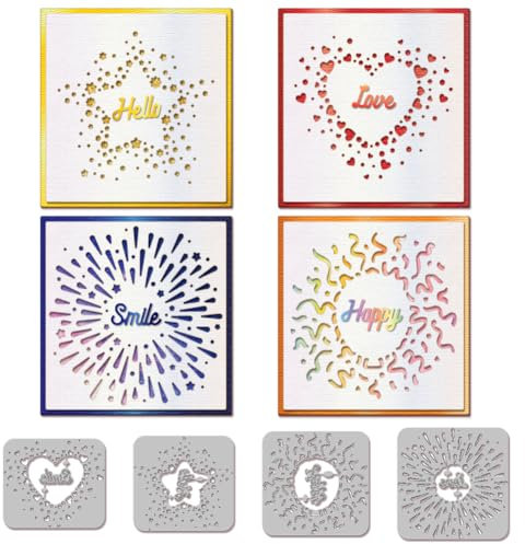 GLOBLELAND Hohle Konfetti Herzen Sterne Feuerwerk Hintergrund Stanzen Schneidformen Hallo Glück Liebe Lächeln Segen Schneideformen Für DIY Scrapbooking Kartenherstellung Prägung Papierhandwerk Dekor