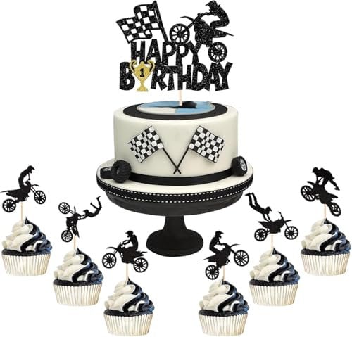 SYKYCTCY 25 Motorcycle Cake Toppers Black Glitter Motocross Dirt Bike Cupcake Toppers for Sports Motocross Theme Cake Decoration Man Boy Birthday Party Cake Decoration