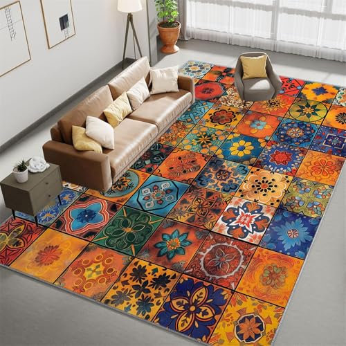 Teppich Wohnzimmer 160 x 230 cm, Mandala Stil Kachel Rutschfester Waschbarer Teppich, Bunt Weicher Läufer Schlafzimmer, Kurzflor Läufer für Wohnzimmer Kinderzimmer