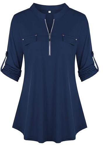 Lalala 3/4 Arm Bluse Damen Elegant V Ausschnitt Oberteile Reissverschluss Lockere Shirt Frühling Tops A_Dunkelblau,L