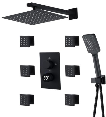 LNXGJJ Termostatica Set Doccia Incasso con Display Digitale Doccetta 3 modalità 400 * 400mm Set Doccia da Incasso 6 Pezzi 50 * 50mm Getti Idromassaggio Colonna da Doccia Incassato con Doccetta Nero