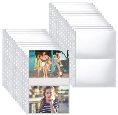 Aoreun 30 Pcs 120 Tasche Fotografiche Raccoglitore A4, Buste Trasparenti per Foto, 2 Scomparti, Buste Raccoglitori Anelli, Porta Cartoline Album, 11 Fori Buste Perforate A5 Foto Sleeve
