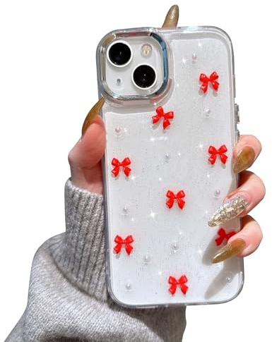 EYZUTAK Case for iPhone 13/iPhone 14,Bling Glitter 3D Bowknot Case,Red Bow | Sparkly Crystal Clear Phone Cover, Bow Aesthetic Design, Slim Soft Durable TPU Transparent Protective Cover, for Women Girls
