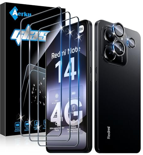 Aerku Schutzfolie für Xiaomi Redmi Note 14 4G für Panzerglas & Kameraschutz | 3 Stück Panzer Schutz Glas Folie und 1 Stück HD Kamera Schutzfolie (Schwarz), 9H Härte Anti-Bläschen Schutzglas