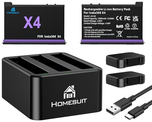 Homesuit 2er-Pack Insta 360 X4 Akku 2500mAh und 3-Kanal USB Ladegerät Kit Kompatibel mit Insta360 X4 Action Kamera Zubehör mit Misro SD Kartensteckplätzen (Not for X4 Air)