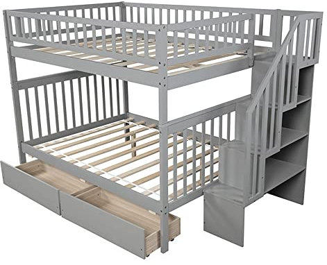 Full Over Full Bunk Bed with 2 Drawers and Storage Gray Finish