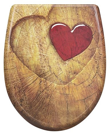 eSituro Toilet Seat, Soft Close O-Shape Loo Seat with Quick Release Function, 360° Adjustable Stainless Steel Hinges, Duroplast Top Mounting Toilet Lid, Rustic Brown Wood and Heart Printing