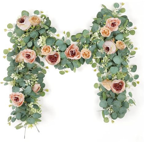 ROSYLEVE 2 Stück 2M Eukalyptus Girlande mit Blumen Künstliche Pfingstrosen, Künstliche Girlande Pflanze Hängende Ranken für Hochzeit Deko(Rosa)