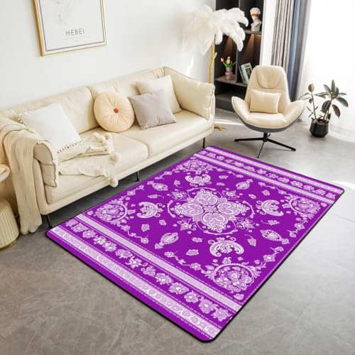 feelingyou Moderne Paisley Teppich 150x200cm,weiße Damast Spitze Floral Print Bereich Teppich für Nachttisch Wohnzimmer Dekor,Boho Plaid Vintage Blumen Lila rutschfeste waschbare für Indoor Outdoor