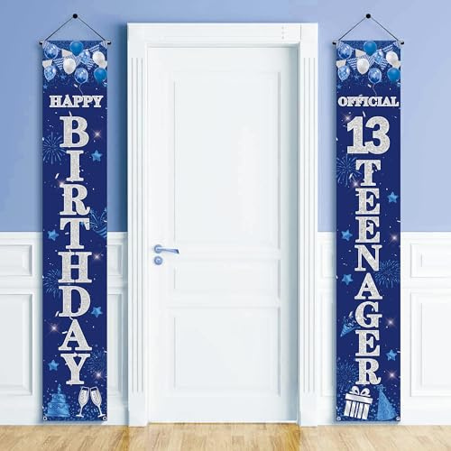 13th Birthday Decorations Banner Boy - Happy 13th Birthday Party Door Porch Sign, Blue Silver Door Banners for Official Teenager Party Decoration Supplies