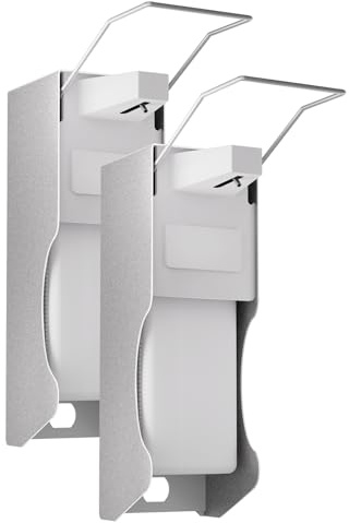 HOUSEHOLD WORLD Ellbogen-Seifenspender 1000 ml (2er Set) - Hygienisch & Berührungslos mit Wandmontage, für Desinfektionsmittel und Flüssigseife, Weiß Alu