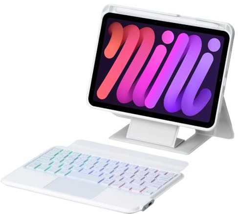 FIABANO Custodia a libro con tastiera Bluetooth wireless per iPad mini (6a generazione) e iPad mini (A17 Pro), tastiera retroilluminata rimovibile, mouse trackpad, supporto regolabile verticale