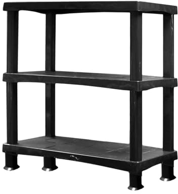 PD - 3/4/5 Tier Plastic Shelving Unit - Heavy Duty Freestanding Storage Rack for Garage, Shed, Home or Utility Room - Sturdy & Easy to Assemble Rack for Tools & Boxes (1x Black, 3 Tier)