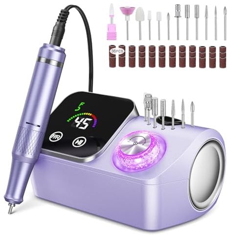 Urbuti Electric Nail Drill Professional, Nail File 45000RPM,Portable Nail Drill Machine for Acrylic and Gel Nails with Touch Screen,Rechargeable E Files for Nails with 12 Bits for Home Salon (Purple)