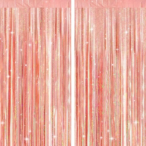 G2PLUS 2pcs Metallic Rose Gold Foil Curtains, 1m×2m Holographic Foil Tinsel Backdrop for Birthday Wedding Party Door Decoration