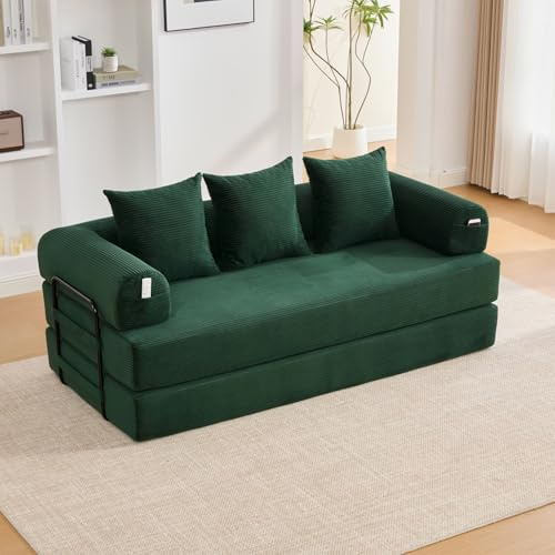 EURHCIO Canapé 3 Places en Velours côtelé,Canapé Lit Convertible Multifonctionnel Moderne,Poches Latérales et 3 Coussins,DIY Libre,pour Salon,Chambre,Bureau (Vert-L)
