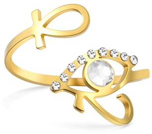 VASSAGO Ägypten Ankh Ring Auge des Horus Ankh Kreuz offener Ring Edelstahl altägyptisches Auge des Ra Schlüssel des Lebens Schutzamulett Schmuck religiös für Damen und Herren