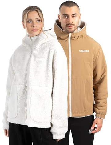 SMILODOX Wendejacke Unisex Elior, 2 in 1 Reversible Jacket aus weichem Teddyfell mit Reißverschluss, Seitentaschen & Kapuze, Übergangsjacke warmes Unisex Design für Streetwear Freizeit und Alltag