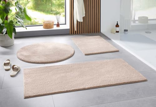 Taracarpet Badematte Uni Boho rutschfest, waschbar, Badezimmer-Teppich, Bad-Vorleger, WC Deko, Duschvorleger für Dusche und Badewannen weich und als Set kombinierbar New Beige 060x120 cm