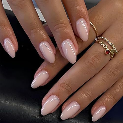 24Pcs Stick On Nails, Press On Nails, Glue On Nail, Short Almond Press-Ons, False Nail Short - Nude Pink Solid Colour Almond Acrylic Set For Women Daily Wear & Salon Looks