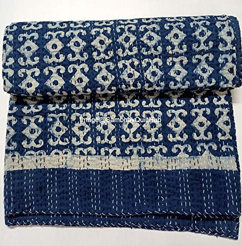 Blaue indigo-Druck Baumwolle Handblock gesteppte Decke Indische Baumwolle Spread Kantha Indigo Print Beork Bohemian Bett Dekor Block Überwurf Decke Twin/King/Queen (Twin 152,4 x 228,6 cm (1))