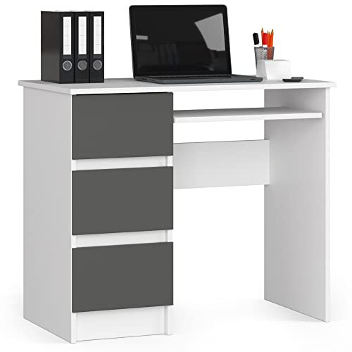 AKORD Schreibtisch A6 90 cm | 3 Schubladen Links | Schreibtisch | Bürotisch | Computertisch | Arbeitstisch | Laptoptisch | Bürmöbel | B90 x H77 x T50 cm | Gewicht 29,95 kg | Weiß/Graphitgrau
