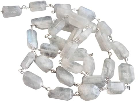 Gems For Jewels 8–12 mm Regenbogen-Mondstein-Ketten, Mondstein-Facettier-Stufenschliff-Tumbles-Verbindungs-Rosenkranz aus 925er Silber mit Draht umwickelt (Optionen von 1 Fuß bis 5 Fuß), 5 Fuß