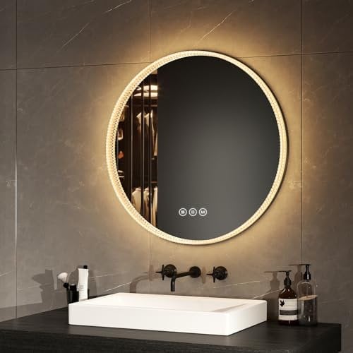 EMKE Badspiegel mit Beleuchtung Rund 60cm badspiegel rund mit Touch-Schalter, Dimmbar 3 Lichtfarben, Beschlagfrei Badezimmerspiegel mit Beleuchtung IP44 Energiesparend-Gold