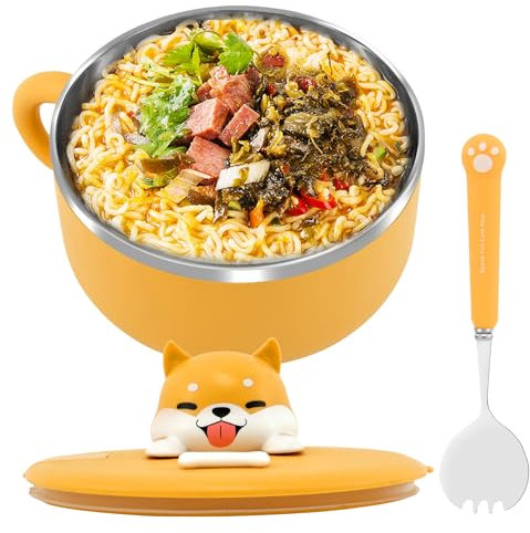 1200ml Ramen Bowl with Handle and Lid 304 Stainless Steel Noodle Bowl with Spoon Heat Resistant Instant Noodles Bowl Soup Bowls for Soup Udon Pasta Salad Cereal, Dishwasher Safe, Yellow