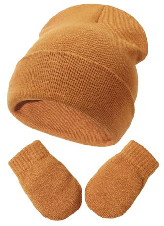DRESHOW Ensemble Bonnet Beanie et Moufles D'hiver Set pour Bébés et Enfants Ensemble Chapeau et Gants Tricotés Chauds pour 3 Mois - 24 Mois Filles et Garçons