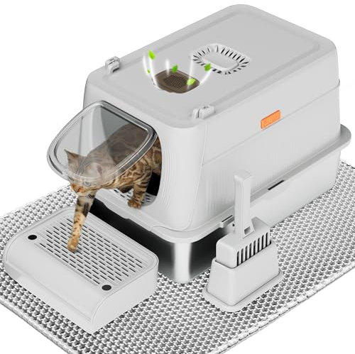 Citylife XL Stainless Steel Cat Litter Box with Lid, Extra Large Enclosed Removable Metal Litter Tray with Litter Scoop&Double Layer Litter Mat, Non-Sticky, Non-Odor, Easy Cleaning, for Big Cats