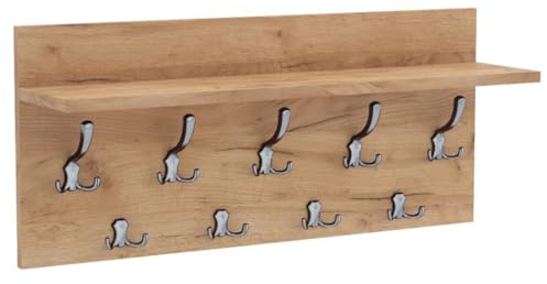 Stolmet Wall-Mounted Coat Rack with Shelf – 5 Large & 4 Small Chrome Hooks, Solid 18mm Wood Panel – Available in Oak Sonoma, Oak Kraft Gold, Grey, and White (Oak Gold Kraft)