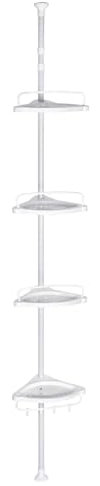 T-LOVENDO.ES Estantería de esquina ducha o bañera telescópica sin taladro de pie esquinera. Extensible altura ajustable. 4 baldas. Desde 85cm a 260cm. Acero y plástico. Blanca