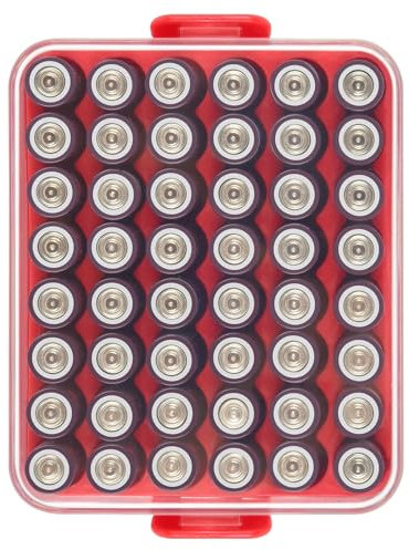 Batterie Organizer Aufbewahrungskoffer, Batterie Vault Box Container für 48pcs AAA Batterien, Kunststoff Clear schützender Batteriehalter für Reisen/Haus/Büro (Rot, S)