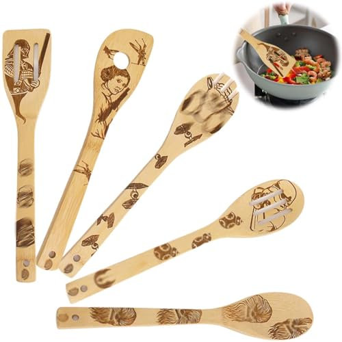 PYAIOVR 5 Pièces cuillères en bois brûlé bio et anti-adhésives avec thème Star Wars, ustensiles de cuisine, cadeaux de qualité supérieure pour pendaison de crémaillère et mariage