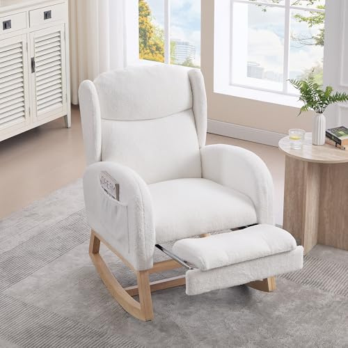 A ALFRESCOOL Schaukelstuhl, Stillstuhl, Lounge-Sessel mit Holzgestell, Verstellbare Fußstütze, Hohe Rückenlehne, Teddy-Stoff, mit Tasche, Bequemer Akzentstuhl für Schlafzimmer, Wohnzimmer (Weiß)