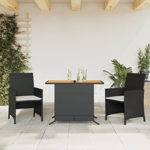 QJBSAVVA 3-TLG. Bistro-Set Schwarz 100×59×73 cm, Rattan & Holz, stapelbar, Balkon/Terrasse