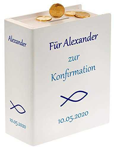 Geschenke 24 Sparbuch zur Konfirmation (weiß) – originelle Geldgeschenke verpacken– personalisiert mit Wunschtext mit Name und Datum – persönliche Konfirmationsgeschenke