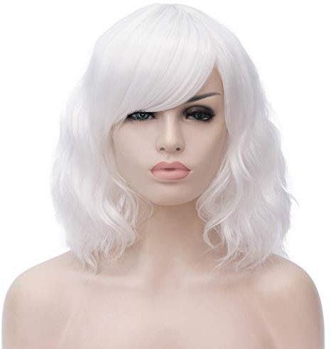 ATAYOU Kurze Weiß Bob Perücke Synthetische Cosplay Perücken Für Halloween Und Karneval Mit 1 Perücke Kappe (Weiß)