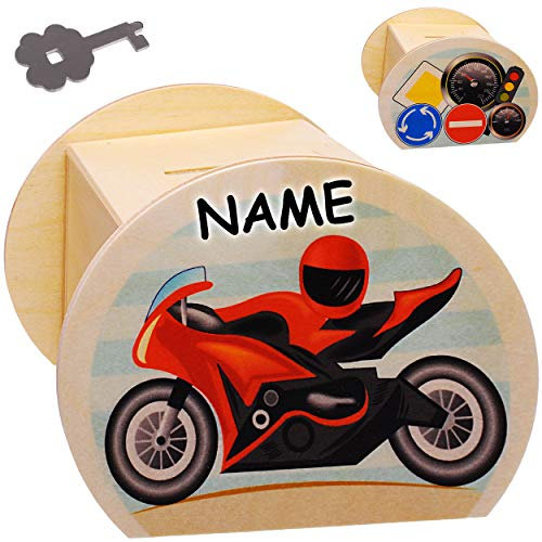 alles-meine.de GmbH große Holz - Spardose - Motorrad/Motorradhelm - inkl. Name - mit Schlüssel & Schloß - stabile Sparbüchse - 11,5 cm - Sparschwein - für Kinder & Erwachsene -..