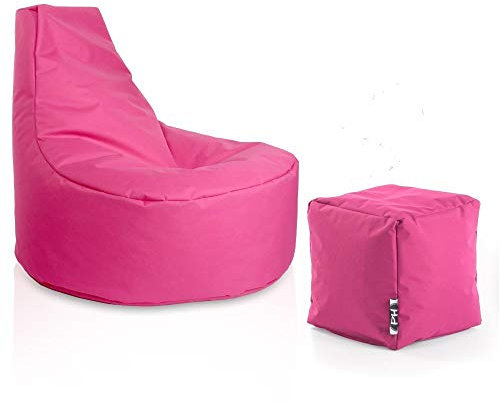PATCH HOME Gamer Sessel inkl. Würfel Bean Bag Set Ø75cm, 30cm Sitzhöhe, 80cm Höhe + 35x35cm Würfel Pink