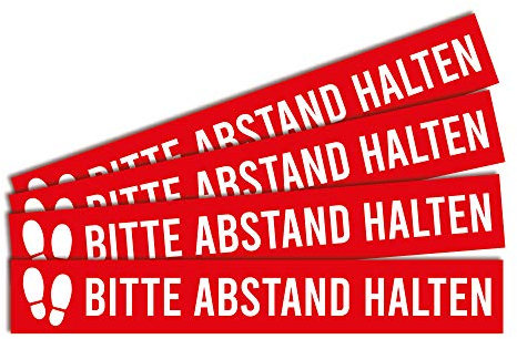 4 Fußbodenaufkleber Abstand halten | 80x12cm | stabile Folie mit UV-Schutz | Schutzlaminat Rutschhemmung R11 nach DIN 51130 | 4er Set | Bitte Abstand halten rot | Dreifke®