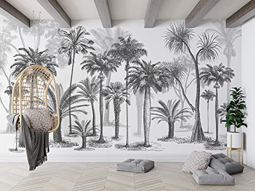 SILK ROAD EU Papier Peint Panoramique jungle Soie, 300 x 210 cm, noir et blanc Sketch Tropical Rainforest Coconut Tree Poster Geant Mural Personnalisé 3D pour Salon Chambre Décoration Murale
