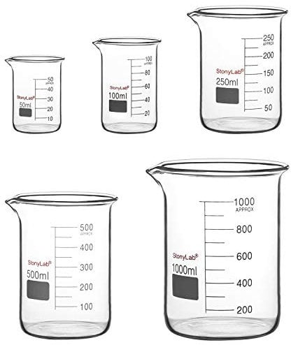 stonylab Ensemble de Béchers en Verre, Verre Borosilicate Gradué en Forme Basse de Béchers Griffin en 5 Tailles, 50ml/100ml/250ml/500ml/1000ml (1L), Pack Combiné