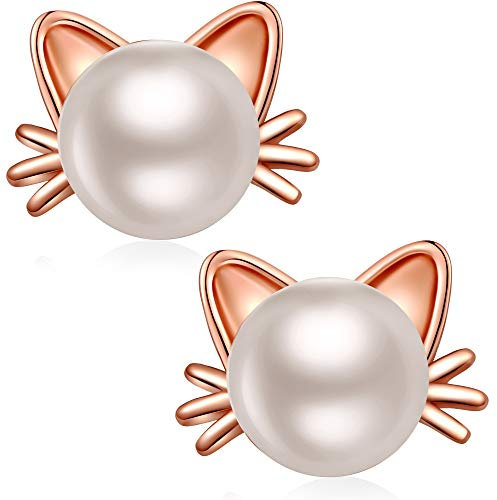 Boucles d'Oreilles Chat Perle Chat Boucles d'Oreilles Mignon Argent Sterling Bijoux Femme Argent Clous pour Femmes et Filles