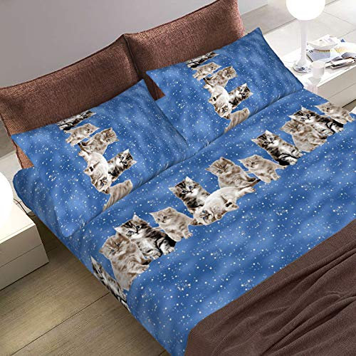 il dolce stile della tua casa set completo lenzuola matrimoniali/singole/piazza e mezza in cotone alta qualità made in Italy stampa animali GATTI (blu, matrimoniale)