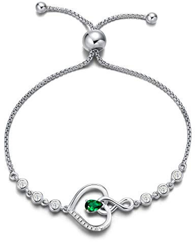 Agvana Damen Armband Herz, 925 Sterling Silber Infinity Armband Geburtsstein Armbänder, Mai Geburtsstein Erstellt Smaragd Verstellbare Armband Edlen Schmuck Geschenk für Frauen
