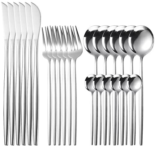 Cutlery Set, 24-Piece Home Safety Stainless Steel Flatware Set, High-Grade Mirror Polishing Silverware Set Service for 6, Includes Knives, Forks, Spoons, for Home and Kitchen with Premium Box